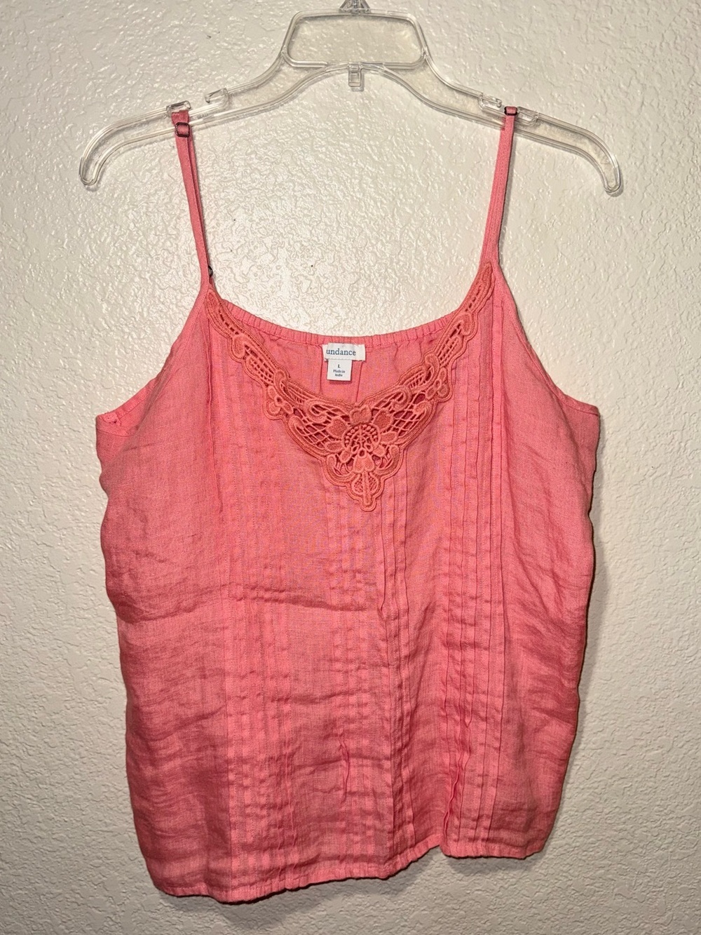 Sundance Large 100% Linen Lace Trim Cami Tank Top Coral Pink